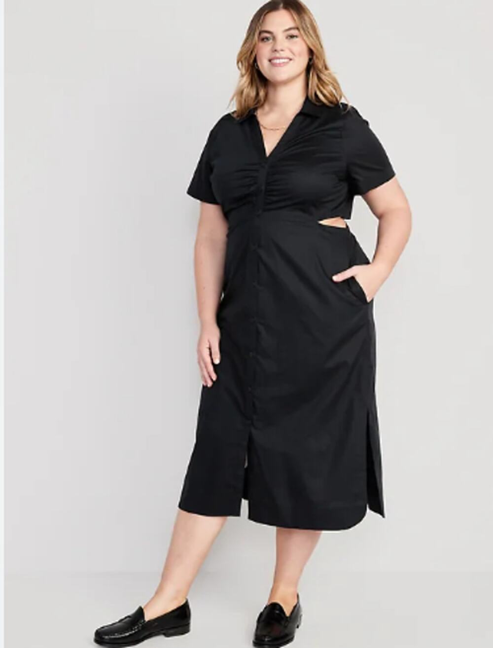 Old Navy Cutout Midi Shirt Dress Black 2X 100% Cotton Pockets Ruching Slits NWT